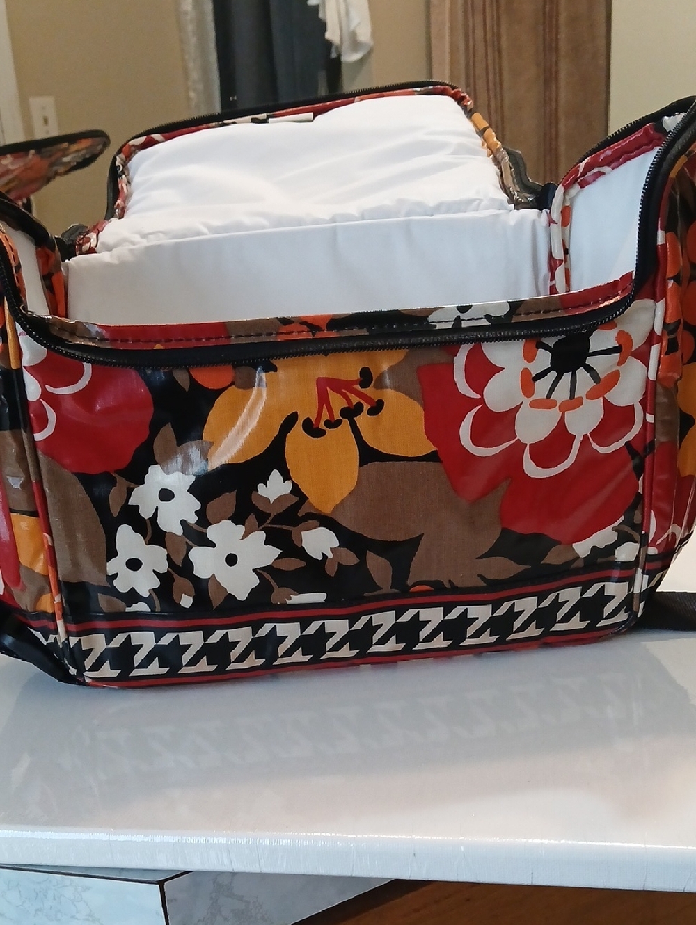 Floral Lunch Or Cosmrtic Bag in Red, Orange & Brown